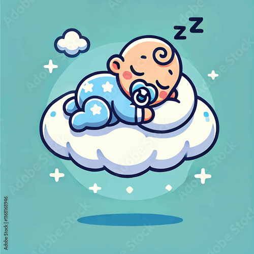 
Cute Baby Sleeping On Cloud Pillow Cartoon Icon Illustration.
