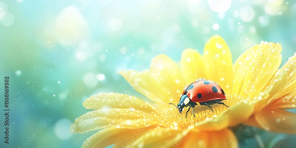 Naklejka premium A ladybug crawling on a bright yellow flower, dew drops glistening on the petals, with an open sky area for text.