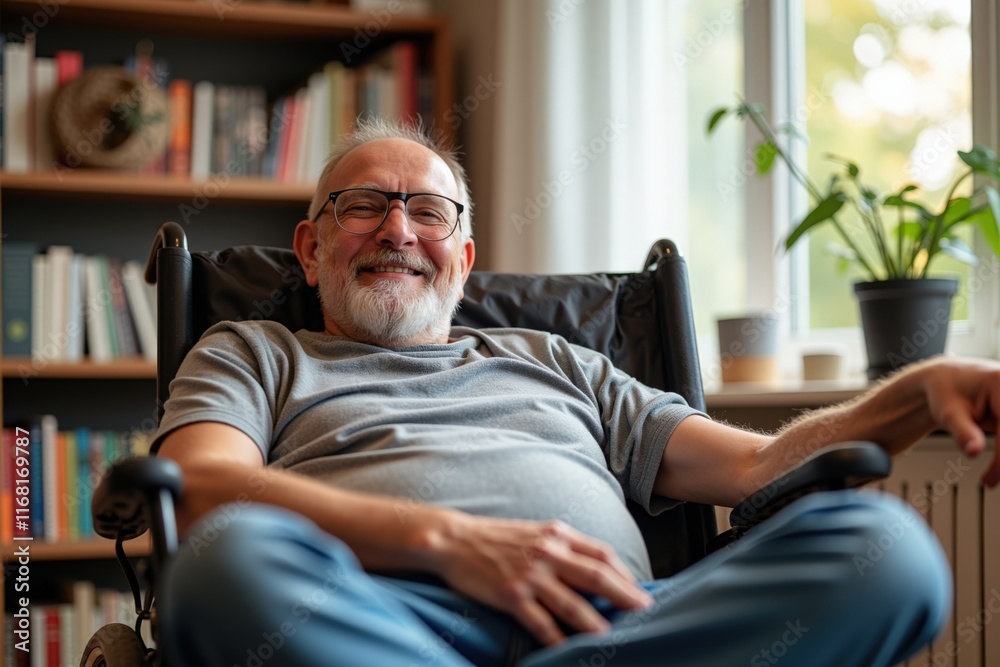 Fototapeta premium Relaxed Senior Man in Comfortable Chair at Home, Perfect for Aging in Place Concepts, Retirement Living, and Senior Care Advertisements