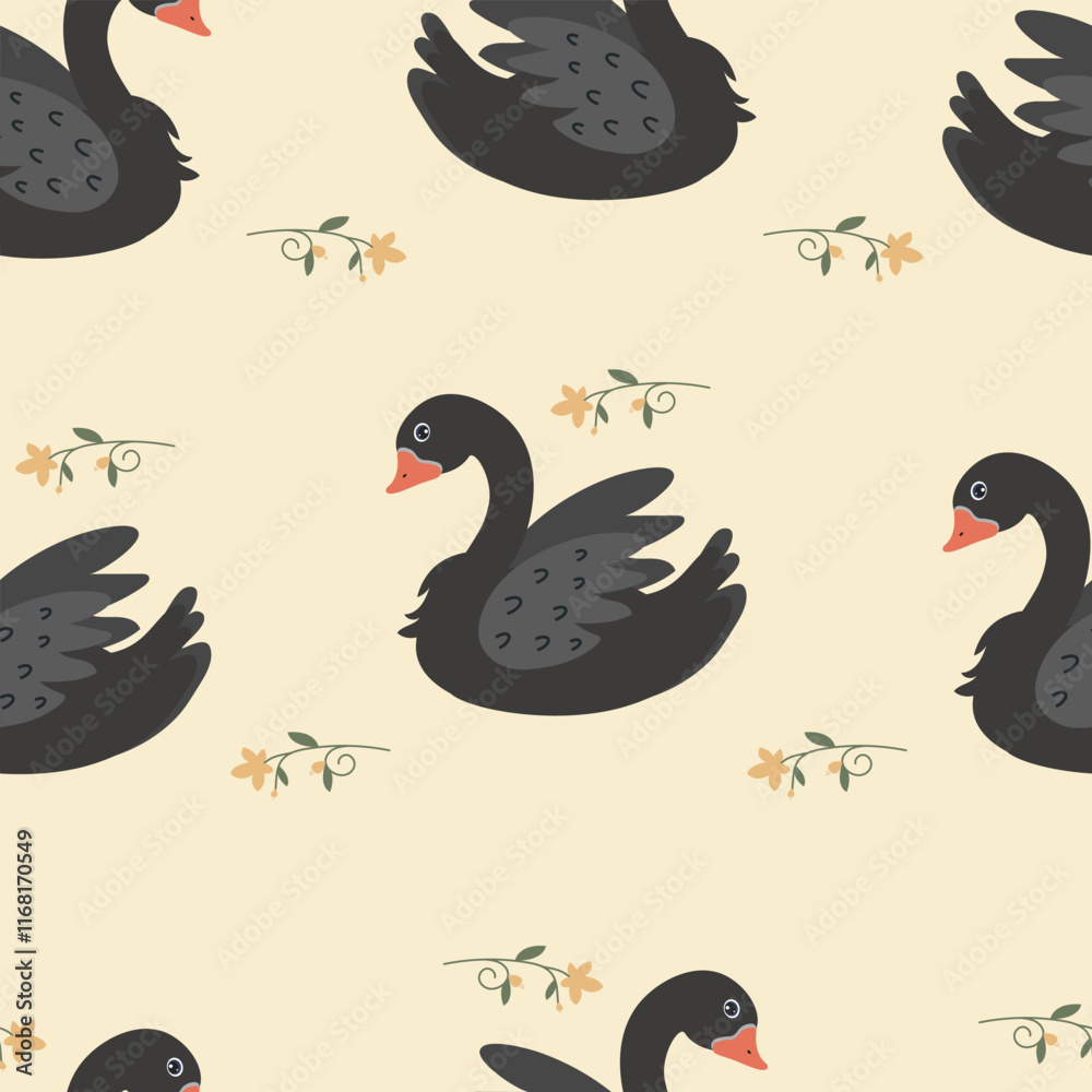 Obraz premium Black swans swimming amongst floral patterns on a soft beige background