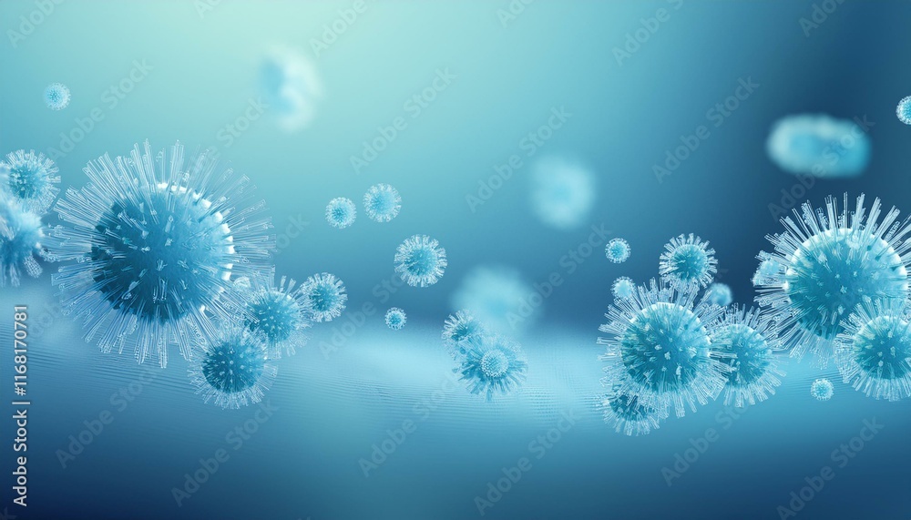 Obraz premium Abstract 3d banner of floating bacteria, microbes, virus cells, bacteria under microscope