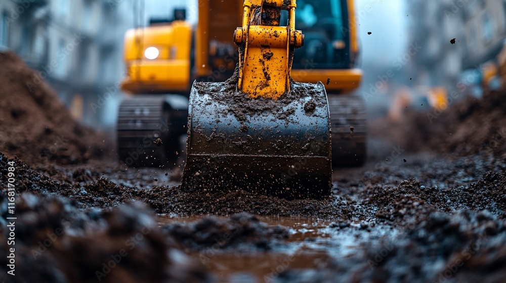 Excavator Digging in the Mud: Construction Site Close-Up Excavator Digging in the Mud: Construction Site Close-Up