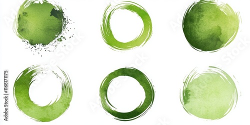 Six abstract green watercolor circles, some filled, others ringed.