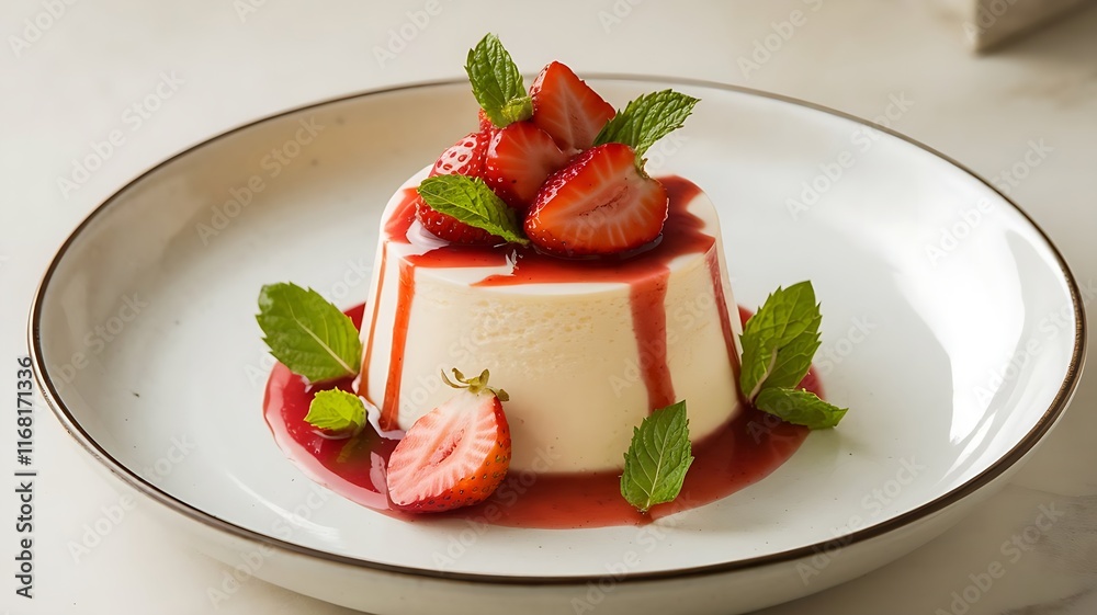 Classic Italian panna cotta dessert served with fresh strawberry sauce, garnished with mint leaves, styled on a white ceramic plate Classic Italian panna cotta dessert served with fresh strawberry sauce, garnished with mint leaves, styled on a white ceramic plate