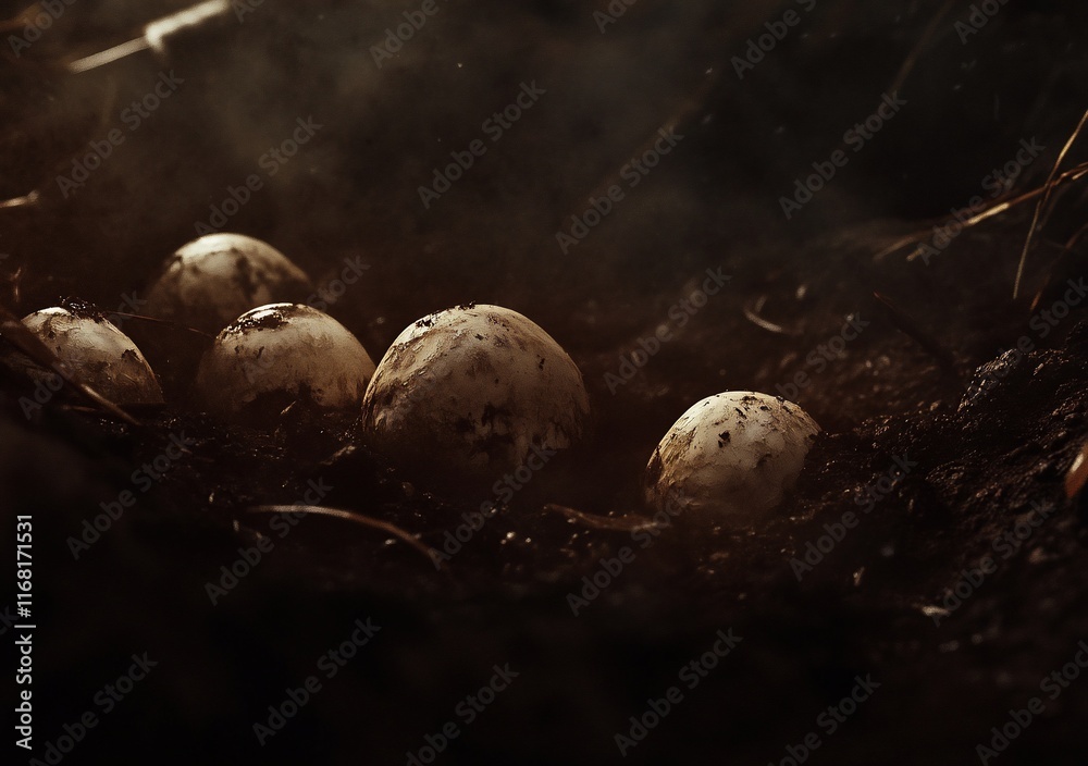 Close-up of several mushrooms emerging from dark soil.