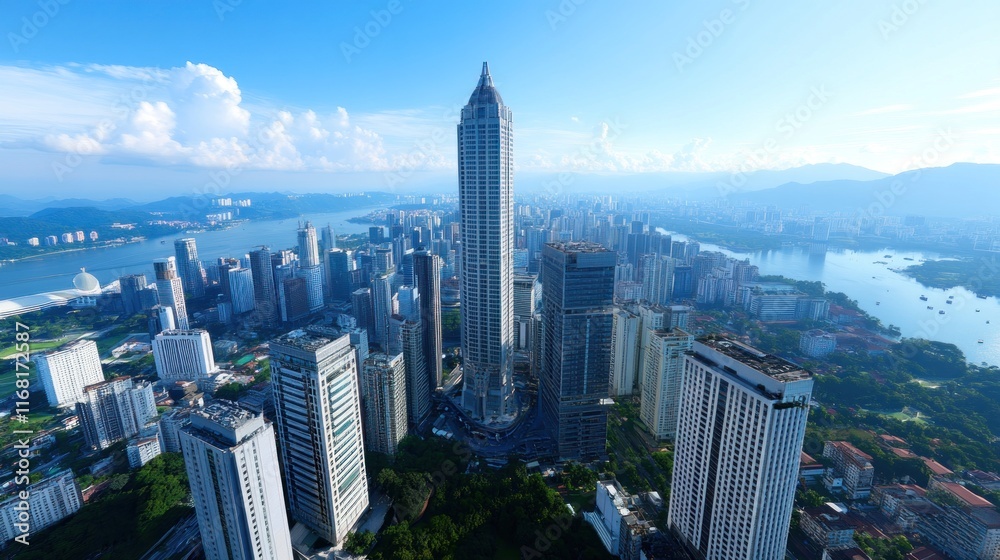 Fototapeta premium Aerial view of a modern city skyline with a tall skyscraper.
