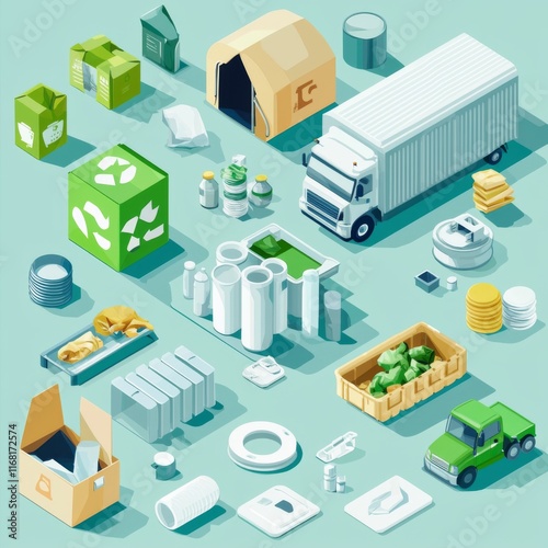 Collection of Recycled Materials and Waste Management Elements in a Clean, Organized Layout with Truck and Tent