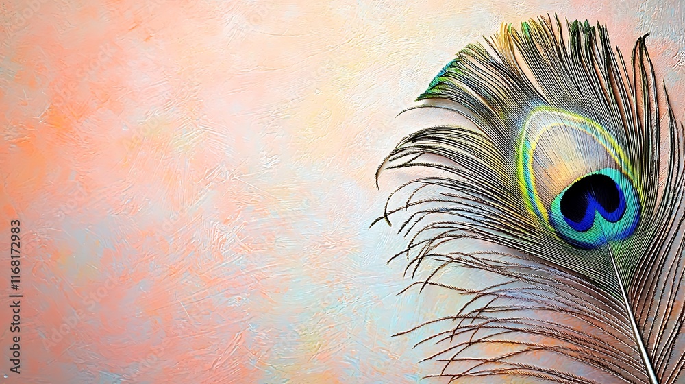 Fototapeta premium Vibrant Peacock Feather on Pastel Textured Background Elegant Nature Design Element