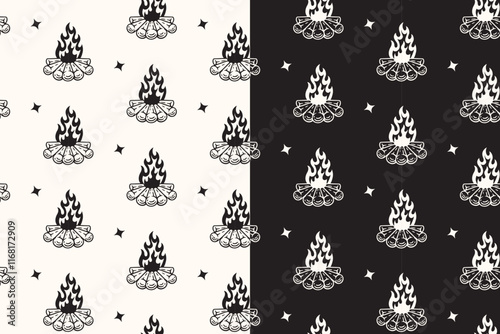 doodle campfire with wood seamless pattern on black white background for camping adventure merchandise.  retro bonfire with rimber pattern background. pattern of campfire, bonfire vector background