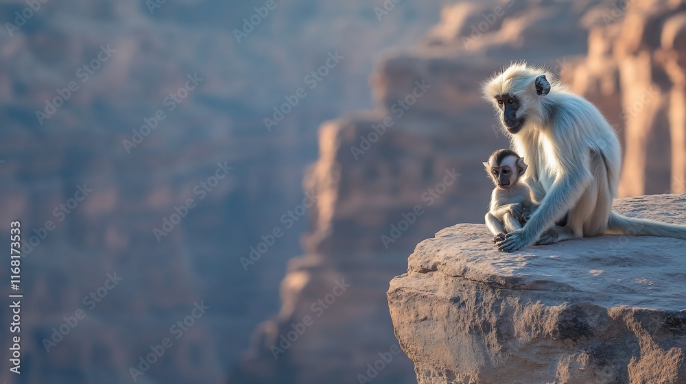 Obraz premium Mother monkey and baby on rocky cliff edge, overlooking vast canyon landscape at sunrise.