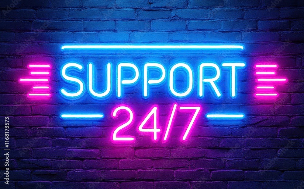 Fototapeta premium Neon support sign - 24/7 customer service availability