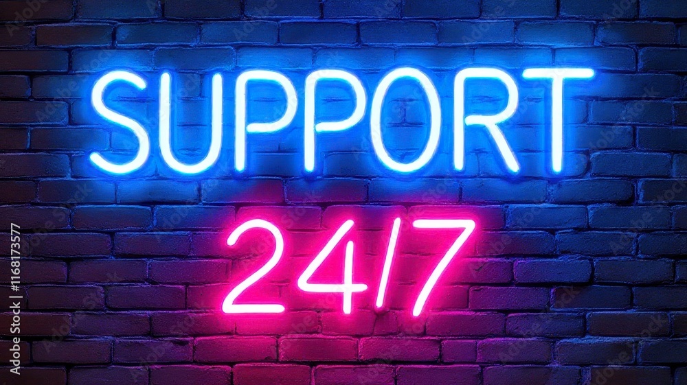 Neon sign displaying 24/7 support in blue and pink on brick wall for perpetual assistance concept Neon sign displaying 24/7 support in blue and pink on brick wall for perpetual assistance concept