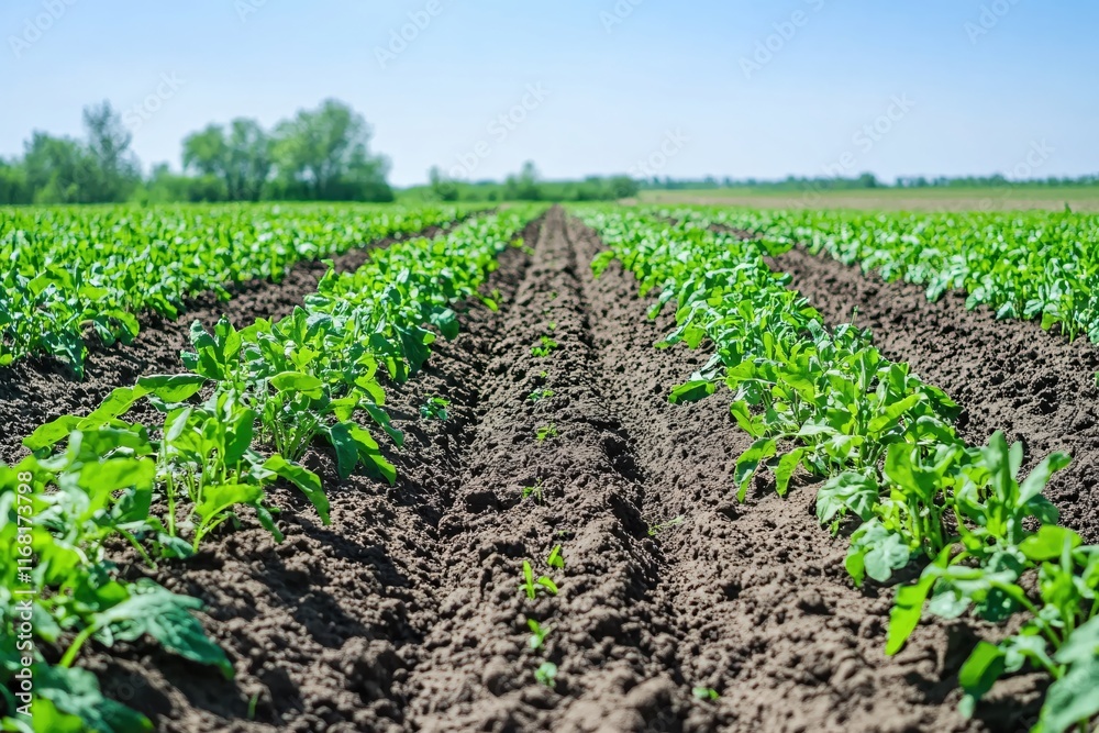Fresh Green Crops Growing in Vibrant Soil on a Sunny Day in Agricultural Field Fresh Green Crops Growing in Vibrant Soil on a Sunny Day in Agricultural Field