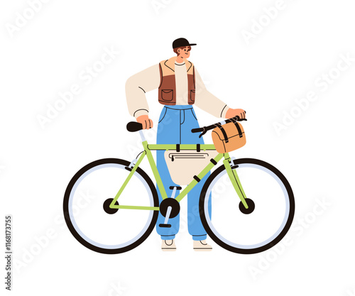 Man holding bicycle. Tourist cyclist standing near bike, hands on handlebar. ...