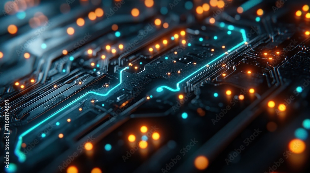 Obraz premium Abstract digital circuit board with glowing lights and intricate patterns