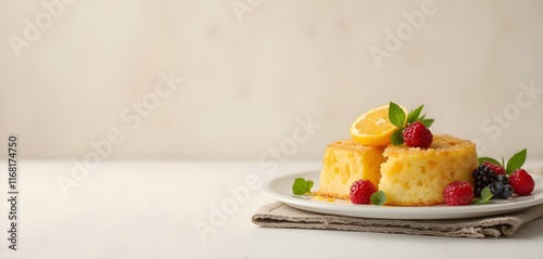 Citrus Olive Oil Cake with Fresh Berries and Mint on a Light Background photo