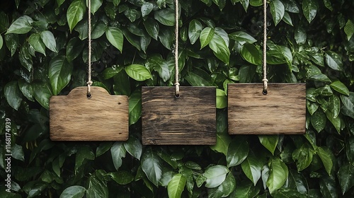 Rustic Wooden Signs Hanging on Lush Green Ivy Wall AI Generated photo