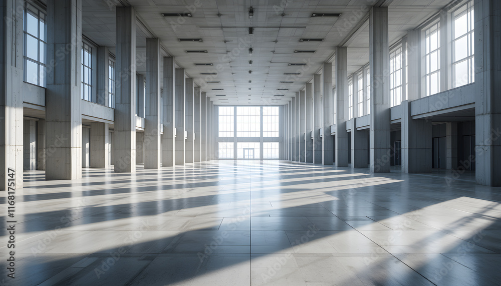 A spacious, modern concrete hall with numerous columns and large, luminous windows provides a striking backdrop for text in this 3D-rendered stock photo A spacious, modern concrete hall with numerous columns and large, luminous windows provides a striking backdrop for text in this 3D-rendered stock photo