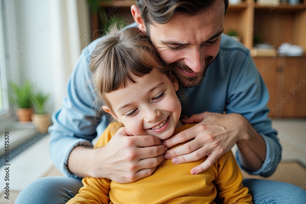 Obraz premium Heartwarming Father and Daughter Bonding Moment in Cozy Living Room Perfect for Family and Parenting Themed Products