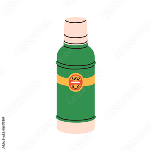 Thermos, retro thermo bottle. Insulated vacuum container, travel and hiking vessel for hot drink, warm beverage, tea and water. Thermal flask. Flat vector illustration isolated on white background