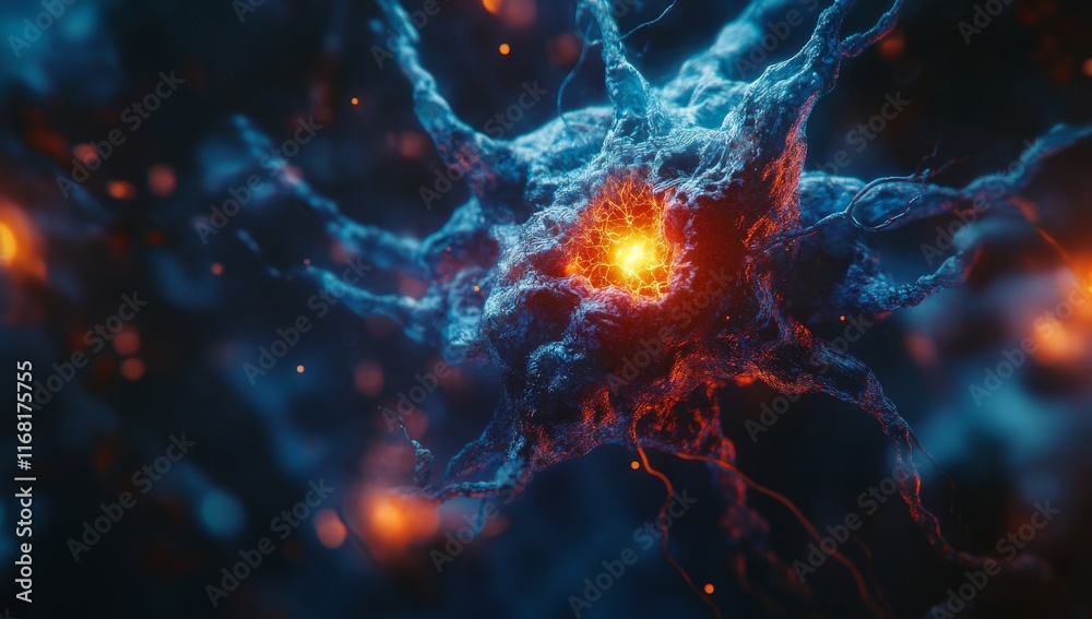 Glowing, fiery microscopic cell structure. Glowing, fiery microscopic cell structure.