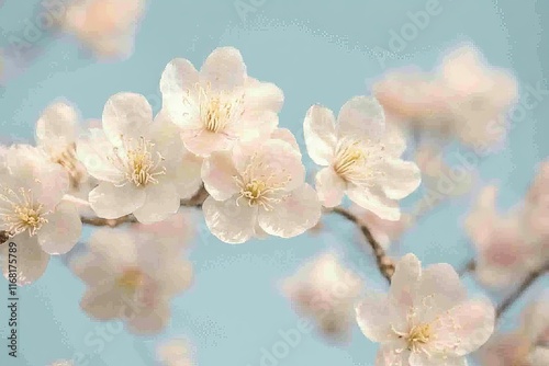 Delicate pale pink cherry blossoms on a branch against a soft blue sky.