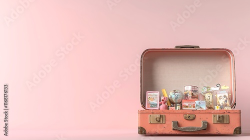 Vintage Pink Suitcase Filled with Travel Souvenirs and Memories