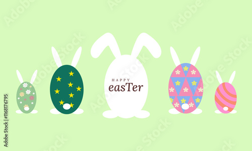 Happy Easter day with green background design, Easter eggs with ears of bunny.