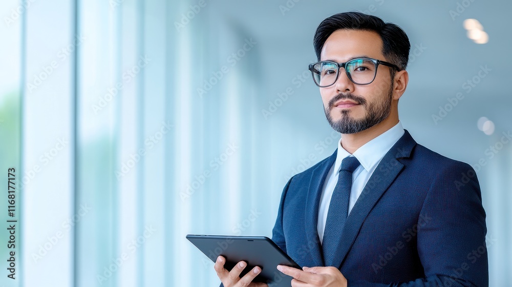 Businessman holding a tablet in a modern office setting. Businessman holding a tablet in a modern office setting.