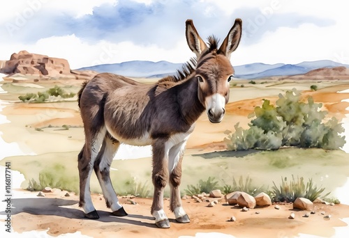 baby mule donkey standing in watercolor style photo