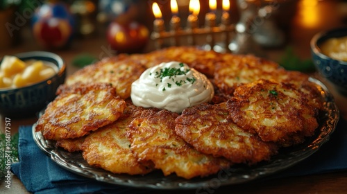 Platter of golden brown latkes served with sour cream for Hanukkah photo