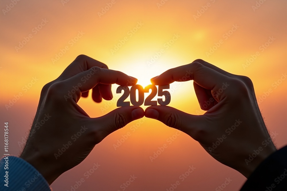 Celebrate the Future: Form a Heart with Hands Displaying 2025 Against a Stunning Sunset Sky, Perfect for Inspirational and Motivational Designs. Celebrate the Future: Form a Heart with Hands Displaying 2025 Against a Stunning Sunset Sky, Perfect for Inspirational and Motivational Designs.