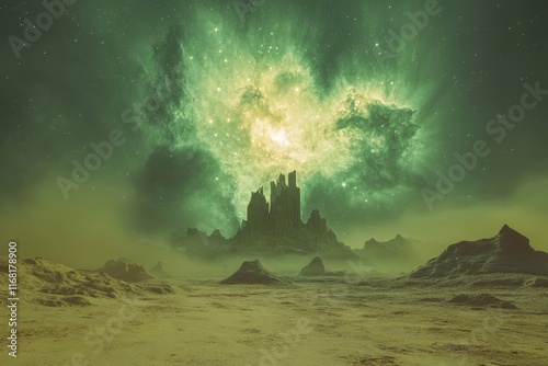 Alien landscape with a towering rock formation under a vibrant green nebula and starry night sky. photo