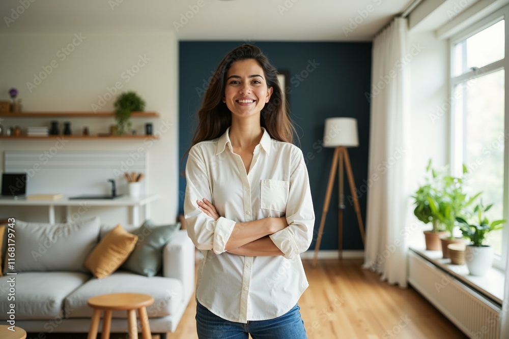 Confident Woman in Modern Living Room - Perfect for Real Estate, Interior Design, and Lifestyle Marketing. Confident Woman in Modern Living Room - Perfect for Real Estate, Interior Design, and Lifestyle Marketing.