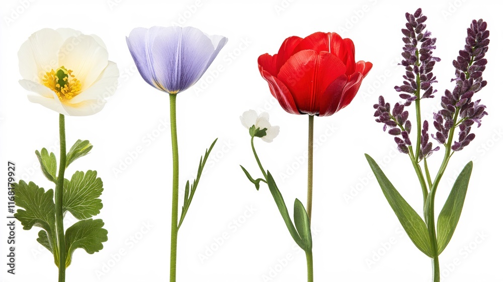 Colorful Display of Spring Flowers with Various Petal Shapes and Colors Colorful Display of Spring Flowers with Various Petal Shapes and Colors