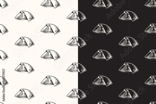 doodle dome tent seamless pattern on black white background for camping adventure merchandise.  retro outdoor camping tent pattern background. pattern of campsite tent vector background