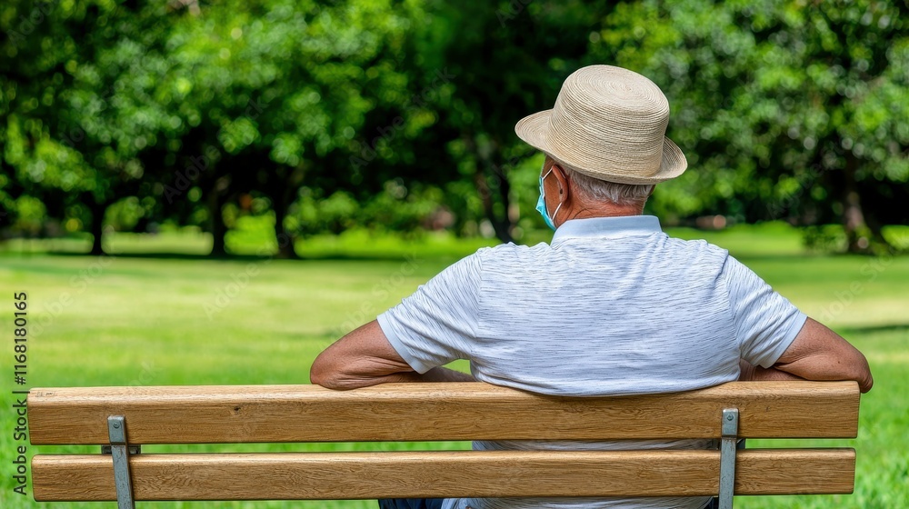 Senior man wearing a hat and face mask sitting on a bench in a peaceful park, enjoying nature and solitude under the sun, summer day outdoors Senior man wearing a hat and face mask sitting on a bench in a peaceful park, enjoying nature and solitude under the sun, summer day outdoors
