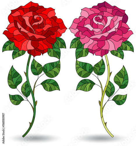 A set of illustrations in a stained glass style with bright rose flowers, isolated on a white background