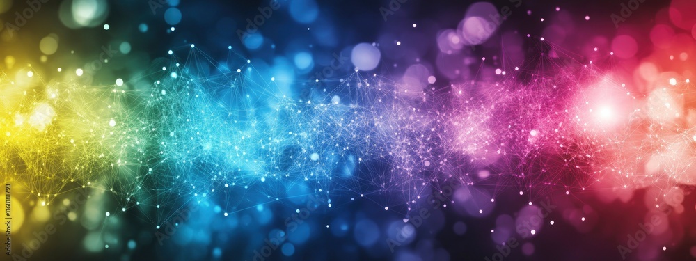Colorful abstract digital background with connecting dots and lines creating a cosmic network of lights and shapes Colorful abstract digital background with connecting dots and lines creating a cosmic network of lights and shapes