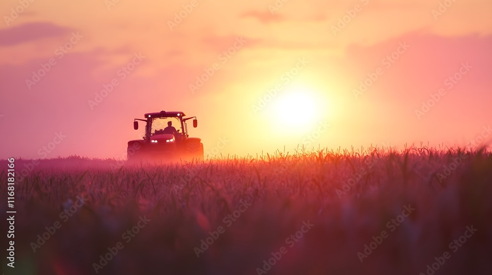 Fototapeta premium Tractor Silhouette at Sunset Over a Field of Crops