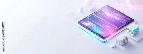 Modern tablet displaying futuristic data analytics interface, surrounded by miniature city skyline models and digital elements.