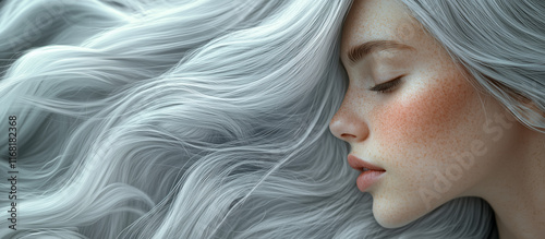 A young woman with silver gray long hair
