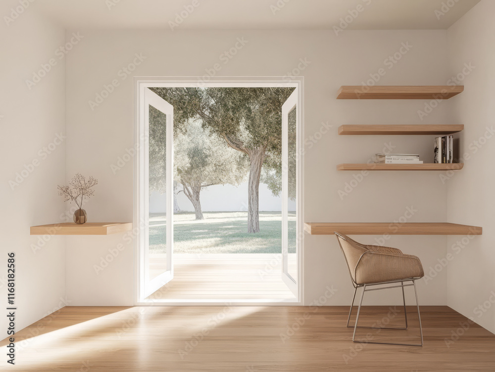 Fototapeta premium Stylish modern workspace with open doorway and natural light in serene setting
