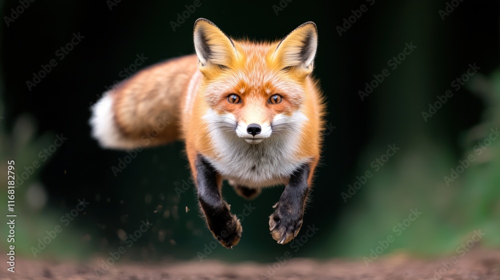 Fototapeta premium A red fox leaping through the air in a natural setting.