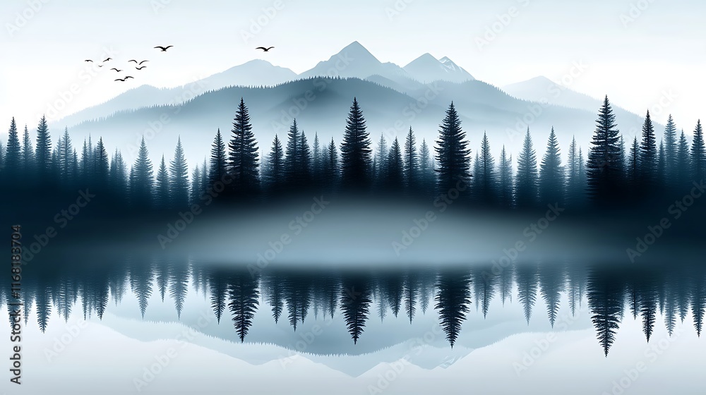 Obraz premium Serene Mountain Lake: Misty Forest Reflection in Tranquil Blue