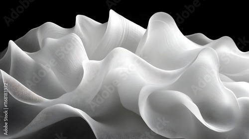 Abstract white fabric waves on black background.