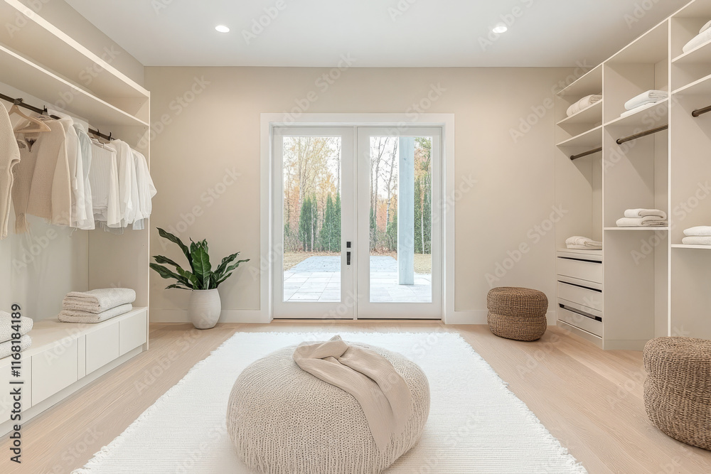 Fototapeta premium Modern minimalist dressing room with natural light and stylish decor