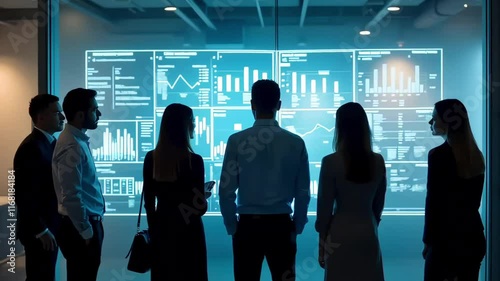 Team discussing data on a futuristic display screen, symbolizing innovation and collaboration, ideal for corporate branding.