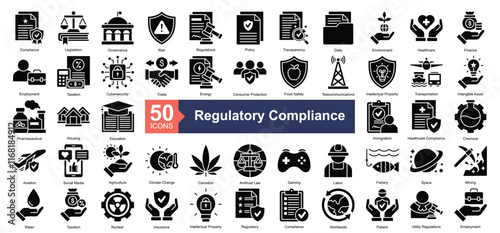 Regulatory Compliance Icon Collection Set.Containing compliance, legislation, governance, risk, policy icon. Simple glyph style Vector Illustration.