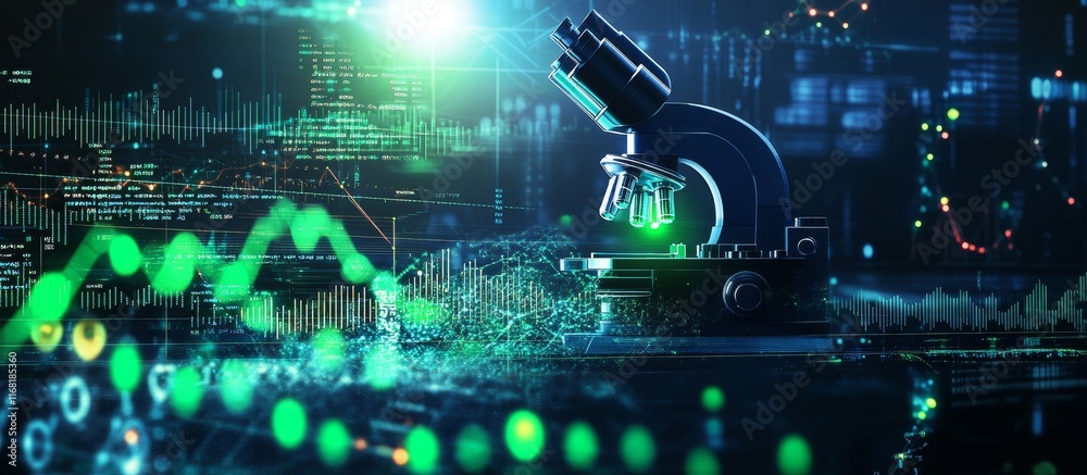 Fototapeta premium Microscope with glowing green data graphs.